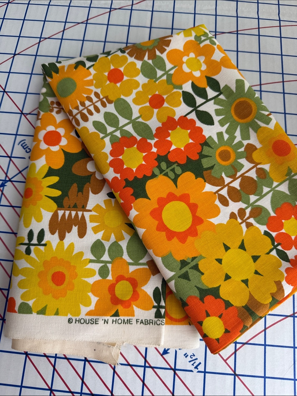Vintage 1970s House ’N Home Floral Screen Print Fabric 1 Yard MCM Orange Yellow - Picture 9 of 11